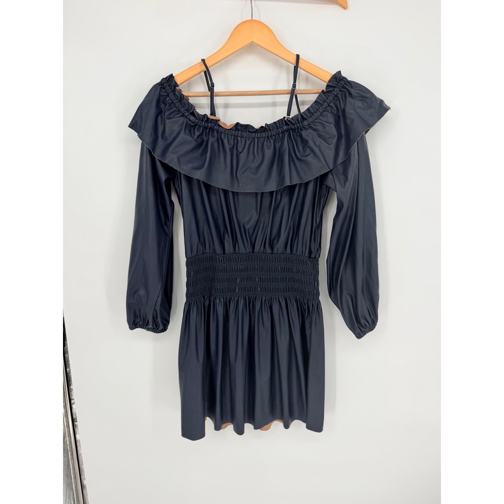Ramy Brook Mercer Dress XL Navy Faux Leather Smocked Mini Night Out Edgy Chic - Picture 2 of 9